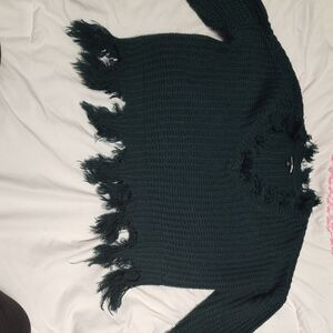 Fashion Nova Dark Green Fringed V-Neck Sweater